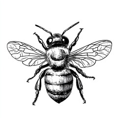 Obraz premium A detailed black and white line drawing of a bee with intricate wing and body details shown clearly