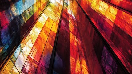Colorful stained glass windows reaching high towards the bright sunlight