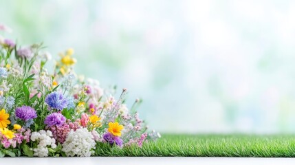 Obraz premium Vibrant spring flowers arranged on a grassy border, soft focus background.