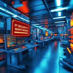 OT security infrastructure monitoring. Industrial cybersecurity. Network protection. 3D alert screen in an operating room with a large glowing display.