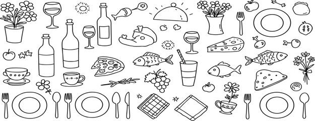 Set of hand drawn whimsical illustrations of food and drinks. Doodle drawings of italian and french food, cocktails, flowers and decor. Coquette line art in vintage style.