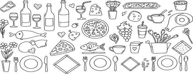 Set of hand drawn whimsical illustrations of food and drinks. Doodle drawings of italian and french food, cocktails, flowers and decor. Coquette line art in vintage style.