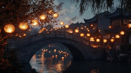 Serene Asian village, lanterns, bridge, water