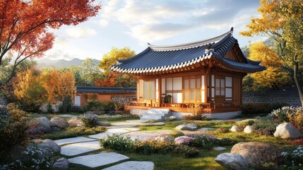Fototapeta premium Tranquil Korean-style pavilion in autumn garden