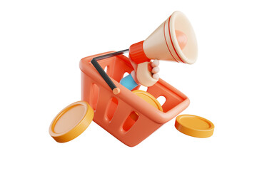 Shopping cart with hand holding megaphone calling in and gold coins floating in the air 3d shopping concept