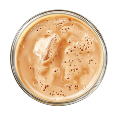 Aerial view of iced coffee in a glass with foam and small bubbles around