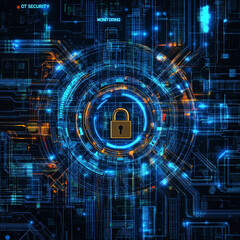 OT security infrastructure monitoring. Industrial cybersecurity. Network protection. Infrastructure node map featuring security and locking mechanisms.