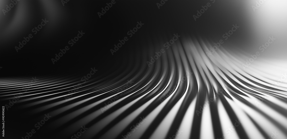 Poster black and white stripes form a wavy pattern on a curved surface, showcasing dynamic light and shadow