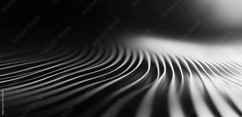 Poster black and white stripes form a wavy pattern on a curved surface, showcasing dynamic light and shadow