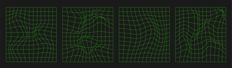 Set of psychedelic checkerboard,distorted geometric grids,wireframe wave green geometry grids on black