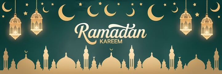Festive vibrant Ramadan design featuring glowing lanterns crescent moons sparkling stars mosque silhouettes on rich teal background with elegant white Ramadan Kareem typography celebrating holy month