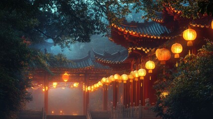 Fototapeta premium Misty Chinese temple at twilight