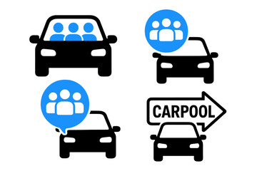 A set of carpool share icons is depicted in black and blue hues on a white background