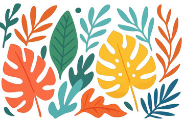 A dark background showcases an abstract tropical leaves vector illustration, featuring cartoon flat designs of various colorful leaves in a tropical style, with vibrant colors and abstract shapes