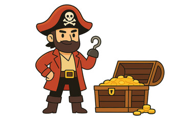A playful flat vector illustration features a confident cartoon pirate with a hook hand standing beside a treasure chest filled with gold coins