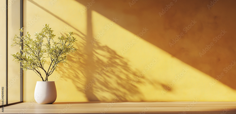 Aufkleber sunlight streams through the window onto a table with a small potted flower, creating a warm and coz