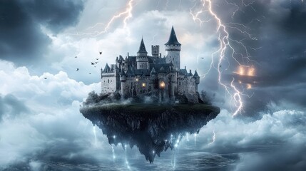 Fototapeta premium A magnificent medieval castle floats amidst a stormy sky.