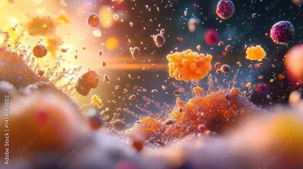 Poster glowing space particles in a fantasy digital universe, 3d fractal rendering background