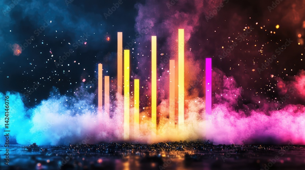 Poster music visualizer concept with 3d equalizer bars and sound waves flowing across the screen