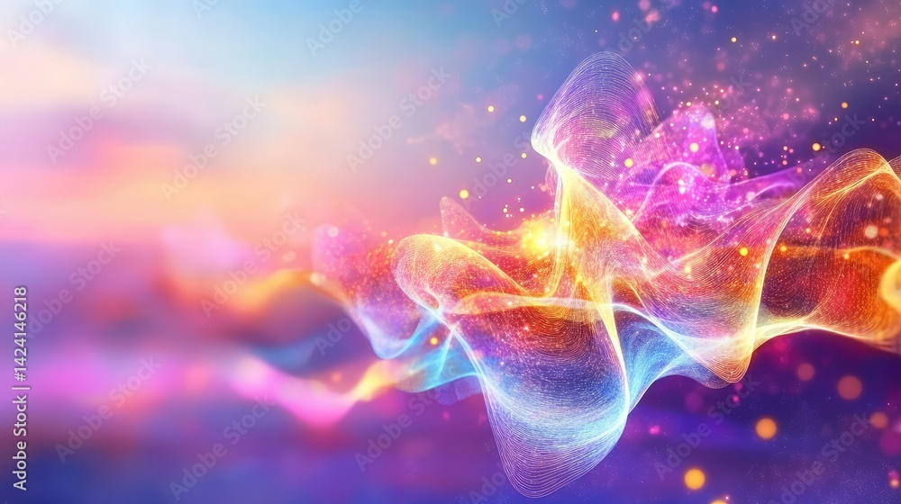 Poster radiant cosmic particles forming abstract waveforms in space, 3d digital art style