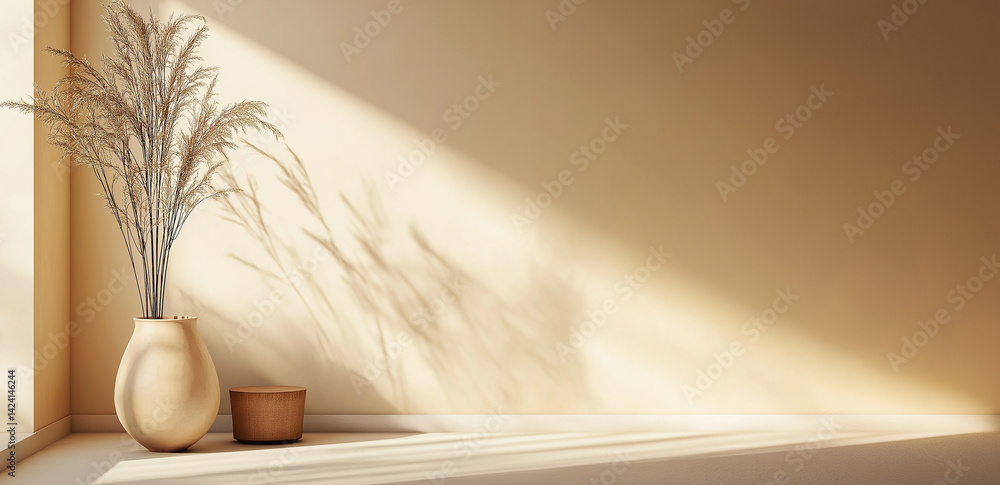 Poster sunlight streaming through the window casts a soft shadow on the wall, with two plants on the table.