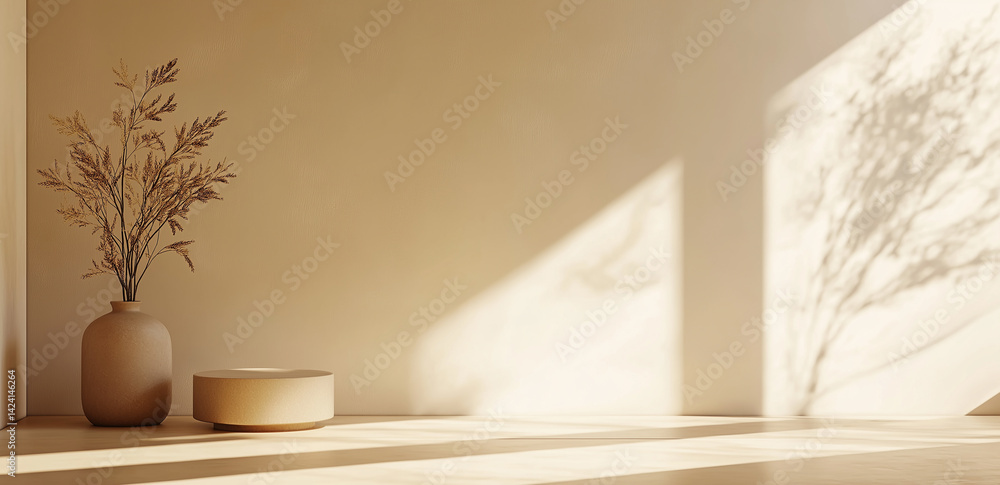 Poster sunlight streaming through the window casts a soft shadow on the wall, with two plants on the table.