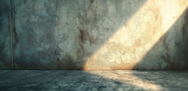 Sunlight streaming through a window casts mottled shadows on an old concrete wall and floor.