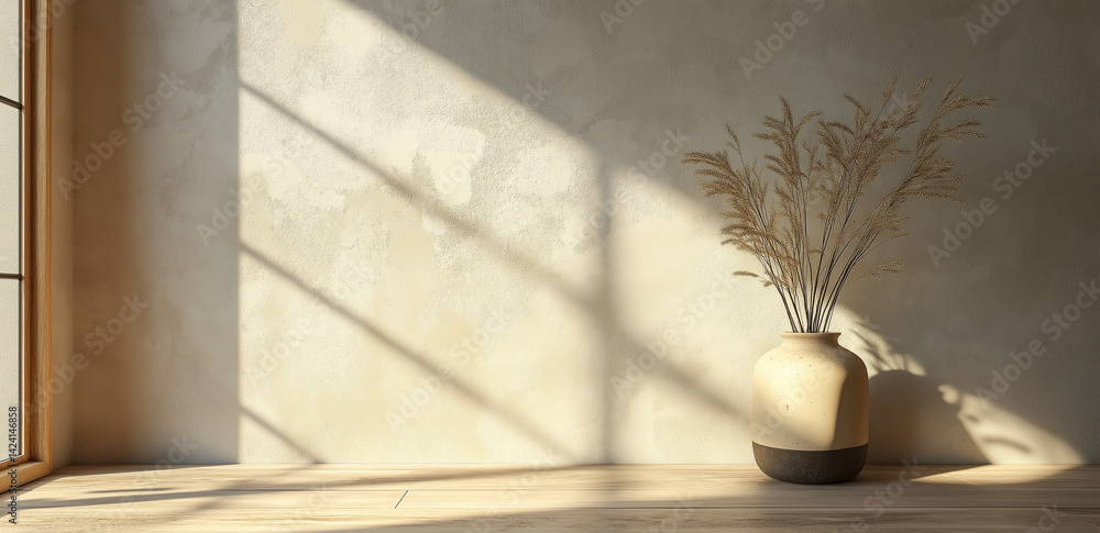 Poster sunlight streaming through a window casts soft shadows of dried flowers in a vase on the wall.