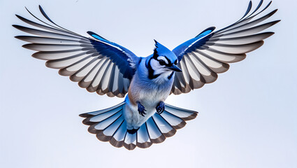 Majestic Blue Jay Soaring Bird With Open Wings Against A Clear Sky
