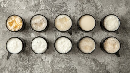 A grid of nine cups filled with different types of milk and cream.