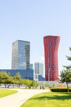Barcelona, Spain - April 21, 2025: Porta Fira Hotel and Realia Tower, financial district.