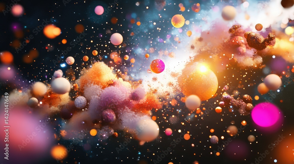 Poster vibrant digital fractal composition with floating particles in outer space, sci-fi themed