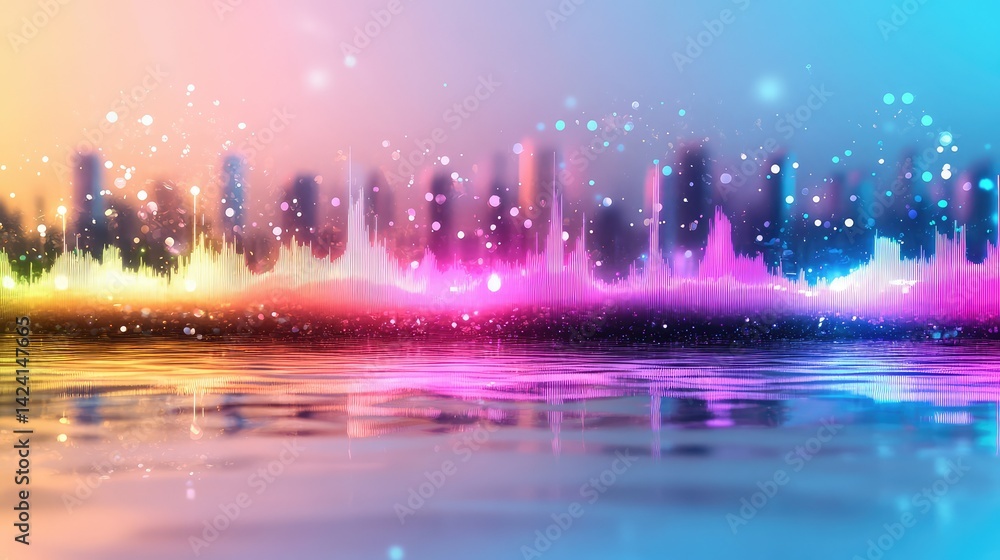 Poster vibrant soundwave equalizer visual pulsing with dynamic color spectrum, audio energy concept