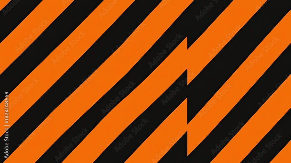 Poster abstract diagonal orange and black stripes pattern with a central break.