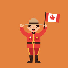 Canadian Mountie Character Holding Flag Vector Illustration with Orange Background 