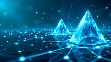 A futuristic digital landscape featuring glowing blue pyramids connected by a network of sparkling particles.