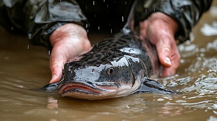 Hands holding big fish in muddy river water. Close-up of successful catch during fishing trip. Wild nature adventure, trophy fish and outdoor lifestyle