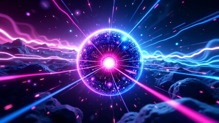 A vibrant, futuristic depiction of an energy sphere surrounded by colorful light beams, against a textured dark backdrop.