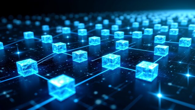 A digital representation of interconnected blue blocks, symbolizing blockchain technology and data networks, set against a dark starry background.