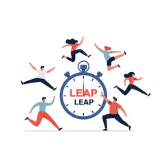 People jumping around stopwatch with leap text motivation and timing concept illustration 