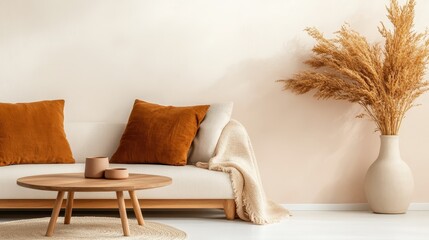 A tranquil living space displaying a light sofa with warm orange pillows and elegant vases, along with a soft throw, set against a calming neutral backdrop, promoting relaxation.