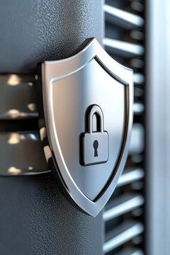 Secure server with corporate compliance seal and padlock symbol, emphasizing data protection and security measures. This highlights importance of safeguarding sensitive information
