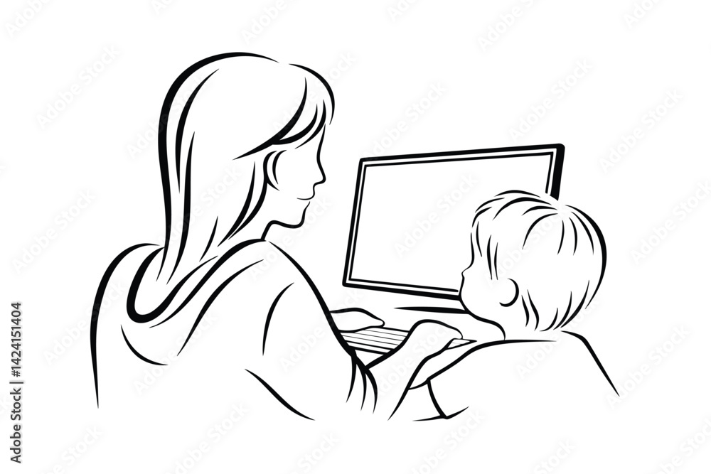 Poster mother and child using computer together line art vector illustration simple design