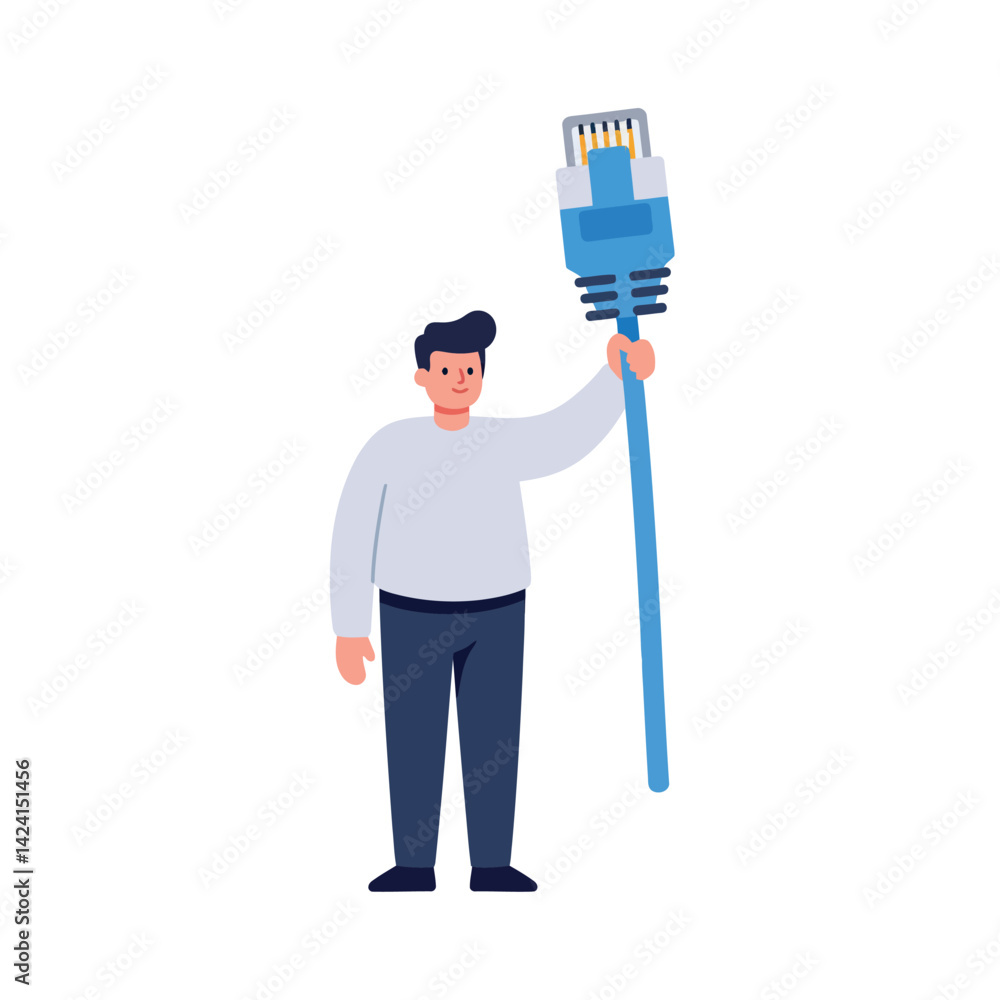 Poster man holding large ethernet cable symbolizing internet connection and technology concept vector illus