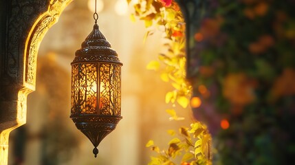 Ornate lantern hanging near an archway with decorative foliage and a warm glowing light source