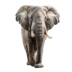 A majestic elephant walks forward, showcasing its large ears, tusks, and textured skin.