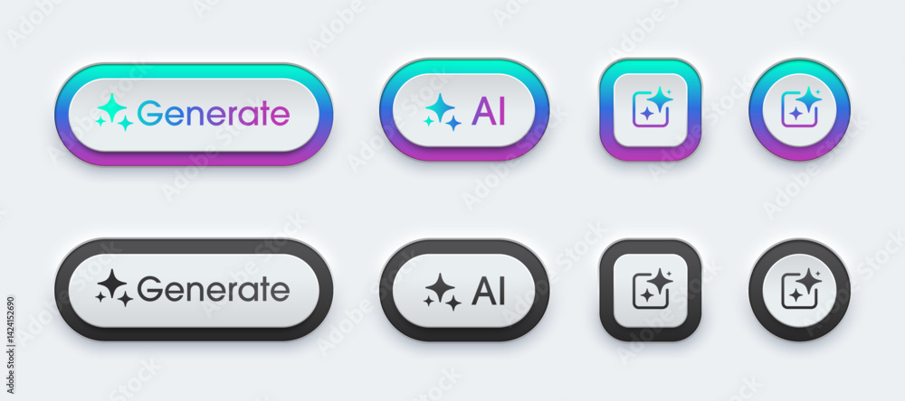 Poster Set of generative AI buttons. Generate buttons have neon light. Active and inactive buttons with generated icons. Neumorphism design style for apps, websites, and Interfaces. Vector illustration.