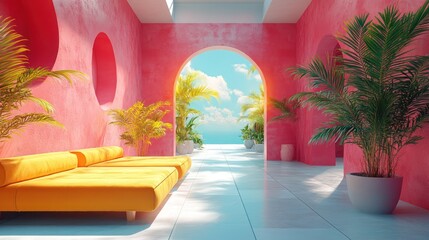 Pink yellow interior archway oasis plants relaxing