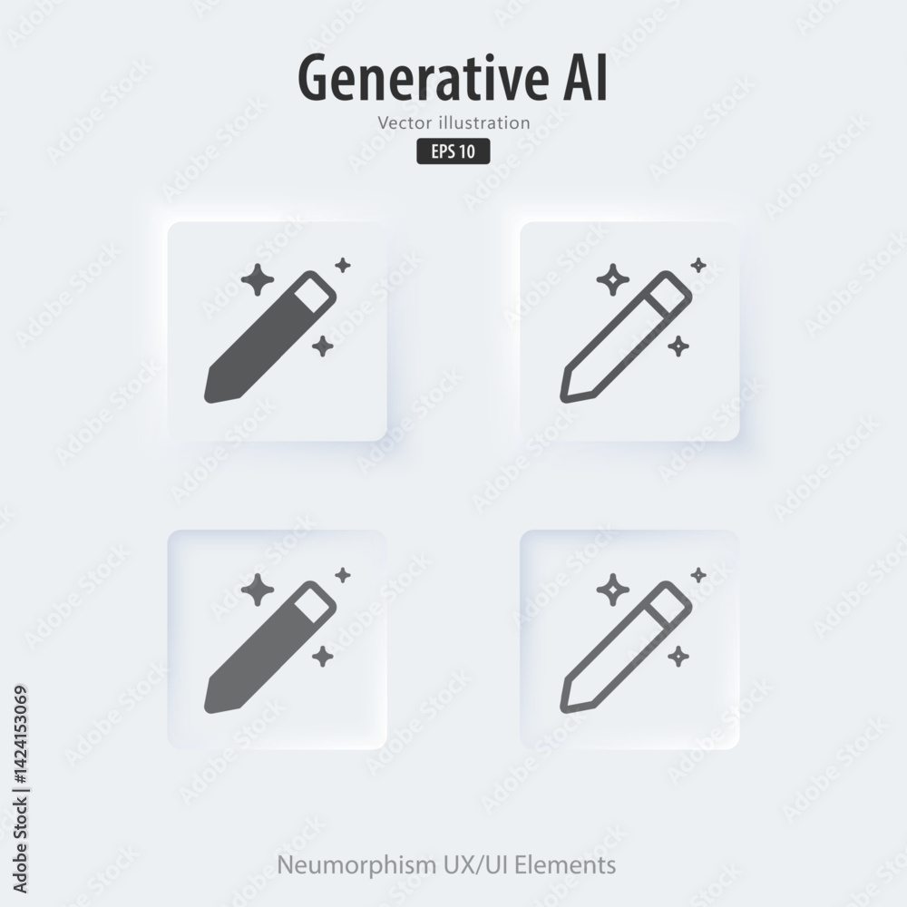Poster Set of Modern writing and editing by AI button. Edit document from machine learning. Button in trendy neuromorphic style for Apps, websites, and interfaces. UI UX elements. Vector illustration.