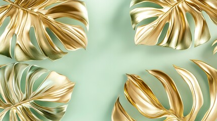 Golden monstera leaves arranged on a light green background creating a frame like composition